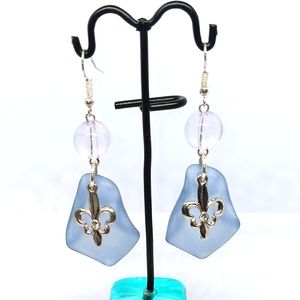 HANDMADE Blue Flower Petals & Silver Fluer de Lis Charms Dangle Earrings
